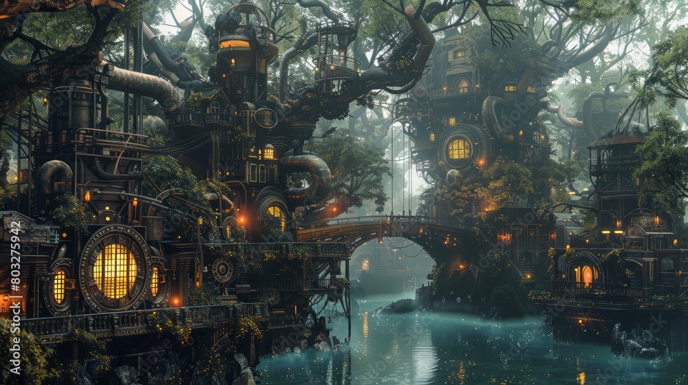 A fantasy world with a river running through it and houses on either side. The houses are made of wood and have windows A fantasy world with a river running through it and houses on either side. The houses are made of wood and have windows