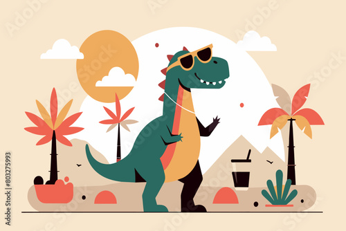 Cartoon of a stylish dinosaur enjoying a leisurely walk among desert vegetation