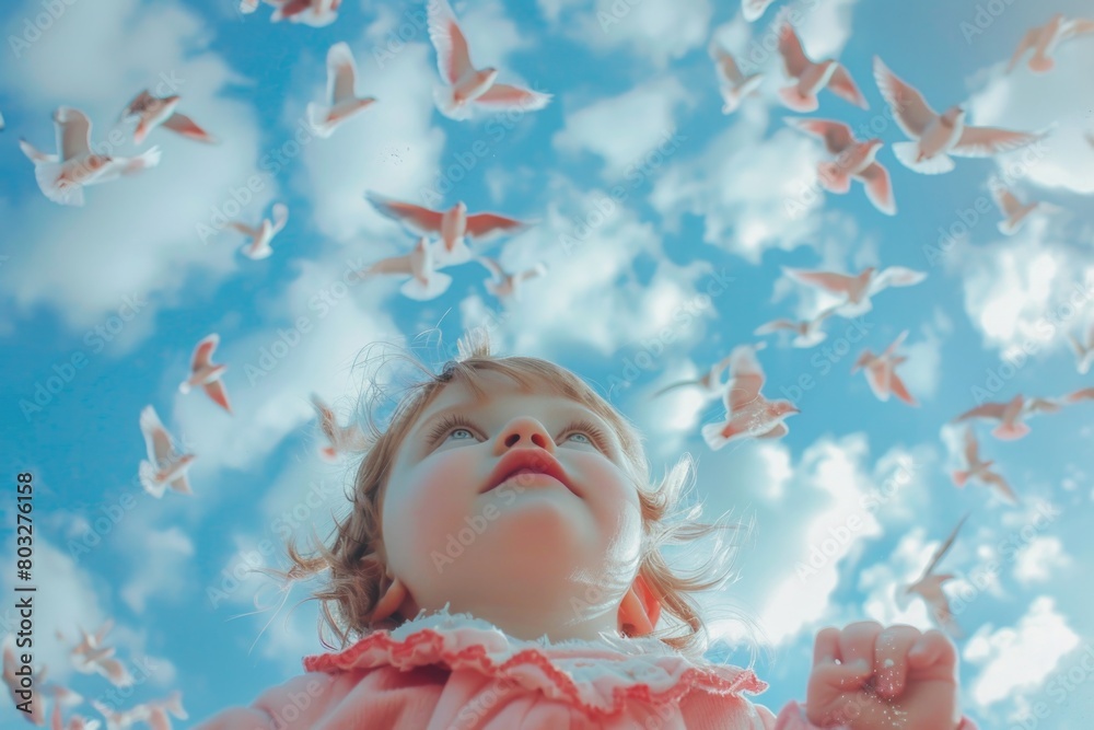 A little girl looking up at a flock of birds. Suitable for nature and curiosity concepts A little girl looking up at a flock of birds. Suitable for nature and curiosity concepts