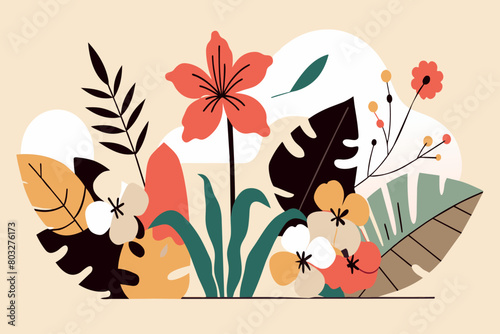 A vibrant, stylized display of flora and fauna