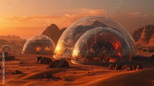 A desert scene with three domes in the foreground. The domes are made of glass and are lit up. The scene has a futuristic and mysterious feel to it