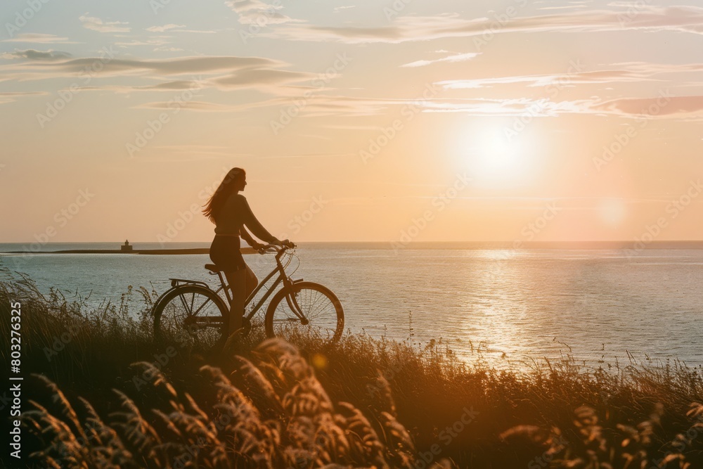 Obraz premium Summer sunset view of woman bike along the beach coast 