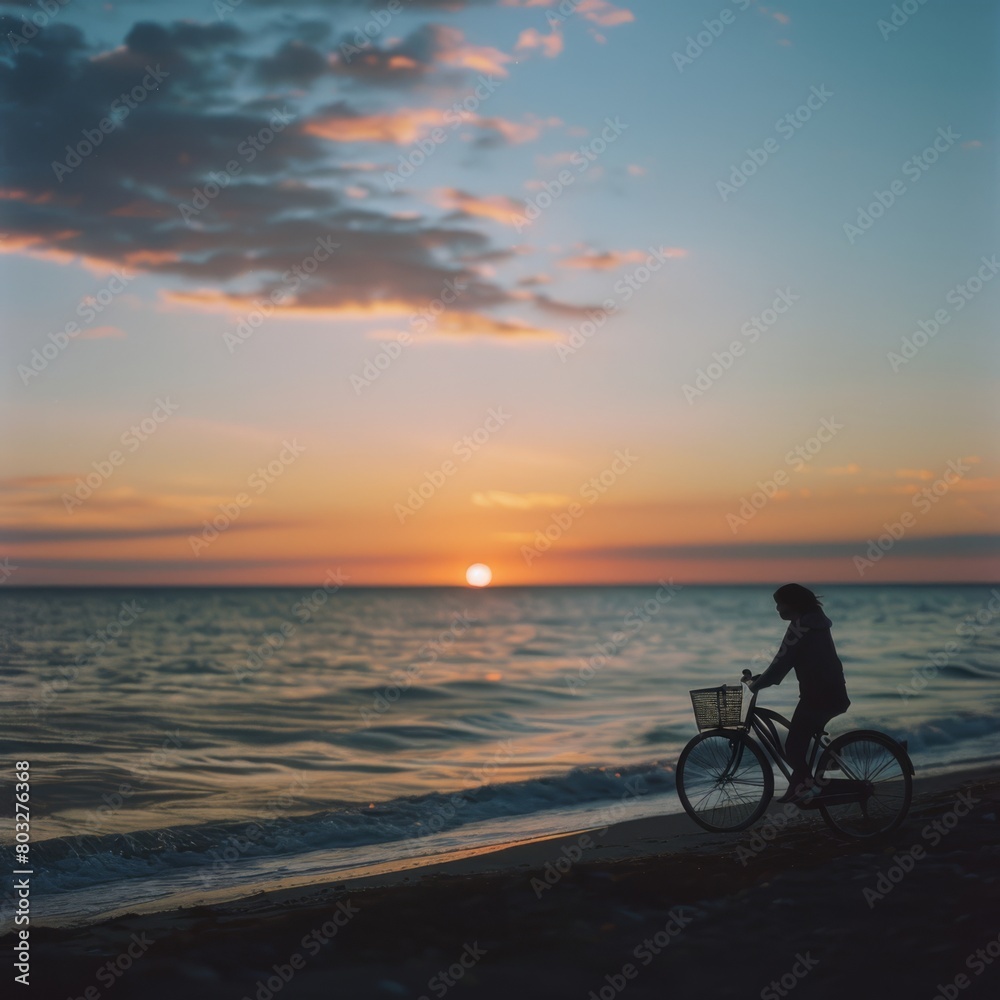 Fototapeta premium Summer sunset view of woman bike along the beach coast 