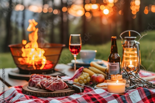 A table is arranged with various meats and a bottle of wine next to a crackling fire outdoors