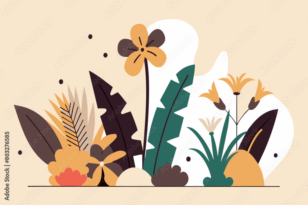 A stylized illustration of vibrant tropical plants and foliage