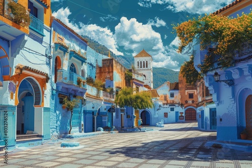 A picturesque painting of a charming small town street. Suitable for various design projects photo