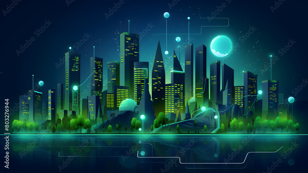 Smart City Infrastructure with Green and Blue Buildings and Transportation Demonstrating Smart City Technologies on Dark Background