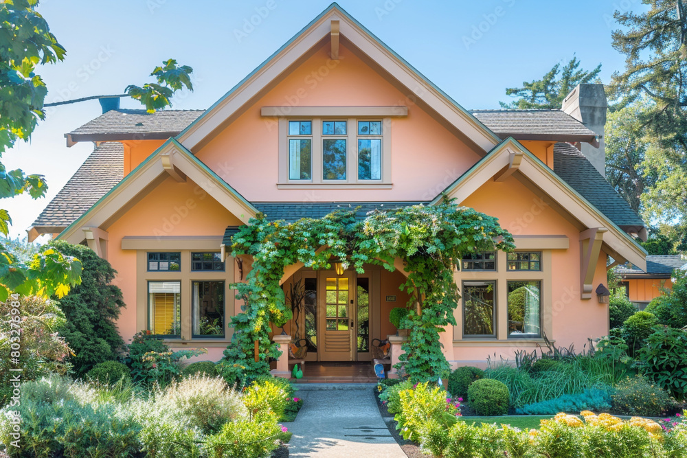 The front aspect of a soft peach craftsman cottage style house, with a triple pitched roof, adorned with meticulously planned greenery and a welcoming walkway, offering a cozy and inviting atmosphere.
