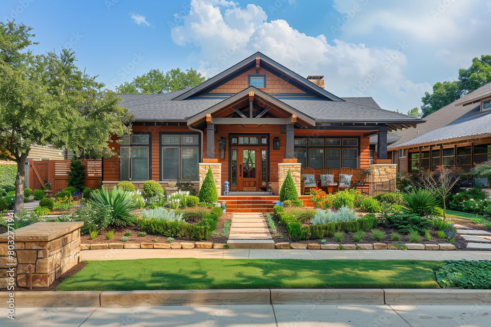 The front view of a rich terracotta craftsman cottage style house, showcasing a triple pitched roof, intricate landscaping, a seamless sidewalk, and enhanced curb appeal for a welcoming atmosphere.