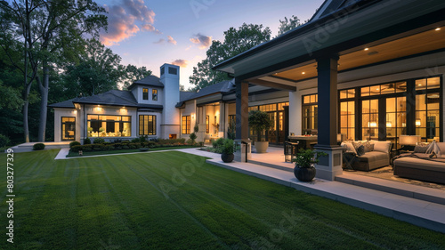 High-end residence in twilight glowing rooms posh porch furnishings and perfect lawn. © Zara