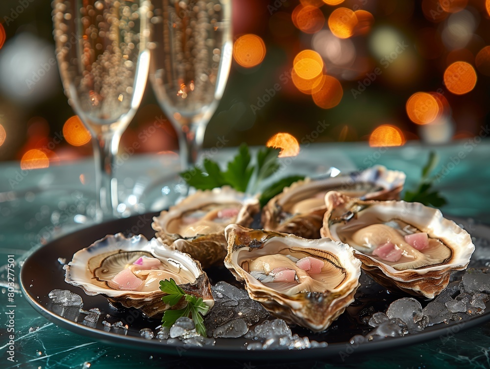 Shrimps and oysters on fire served with chilled ice champagne on black luxury plate Shrimps and oysters on fire served with chilled ice champagne on black luxury plate