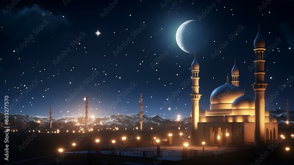 Ramadan Kareem's background with mosque and moon. 3d rendering