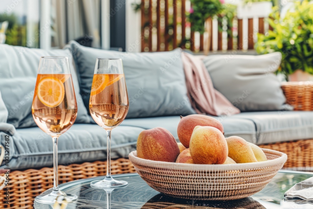 A bowl filled with various fruits alongside two glasses of wine placed on a wooden table