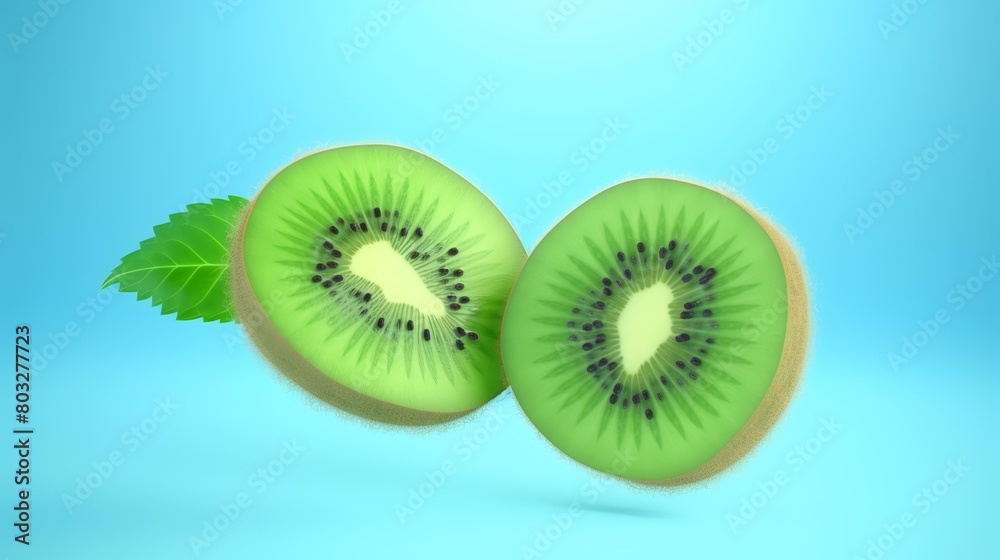 Fresh kiwi fruit with leaves on a light blue background, closeup Fresh kiwi fruit with leaves on a light blue background, closeup