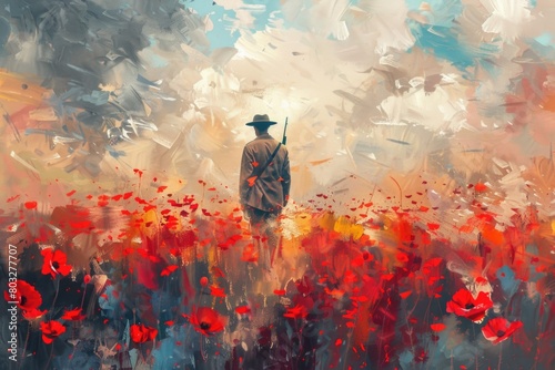 A man standing in a field of red flowers. Suitable for nature and outdoor themes