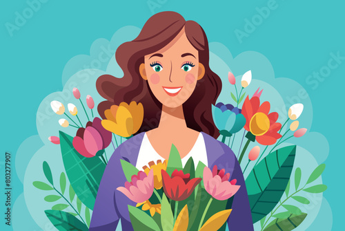 A cheerful woman with a bouquet against a floral backdrop