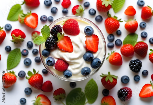 A glass filled with colorful berries and yogurt on a white background