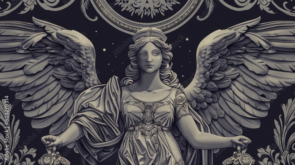 Angel statue holding a clock, suitable for time management concepts Angel statue holding a clock, suitable for time management concepts