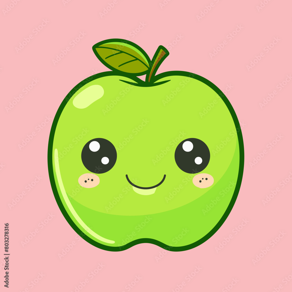 A cartoon apple with a green stem and a smiling face A cartoon apple with a green stem and a smiling face