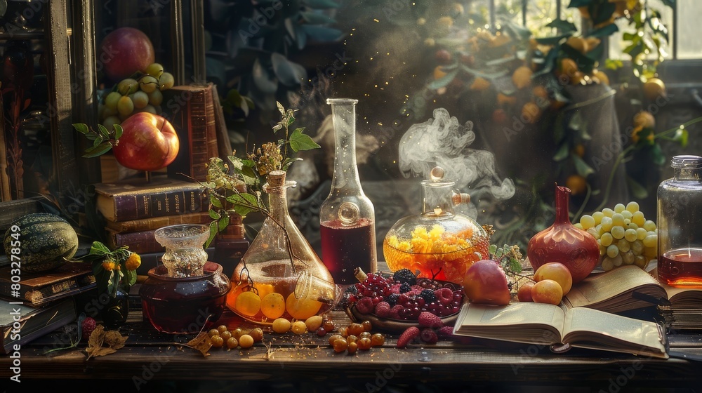 Enchanting alchemy setup with mystical books and herbal mixtures