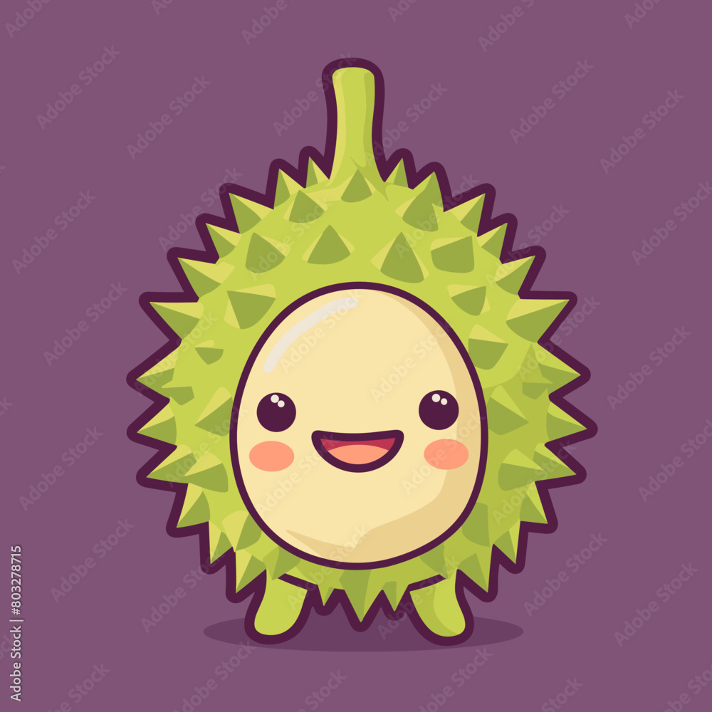 A cartoon fruit Durian with a leaf on top is smiling