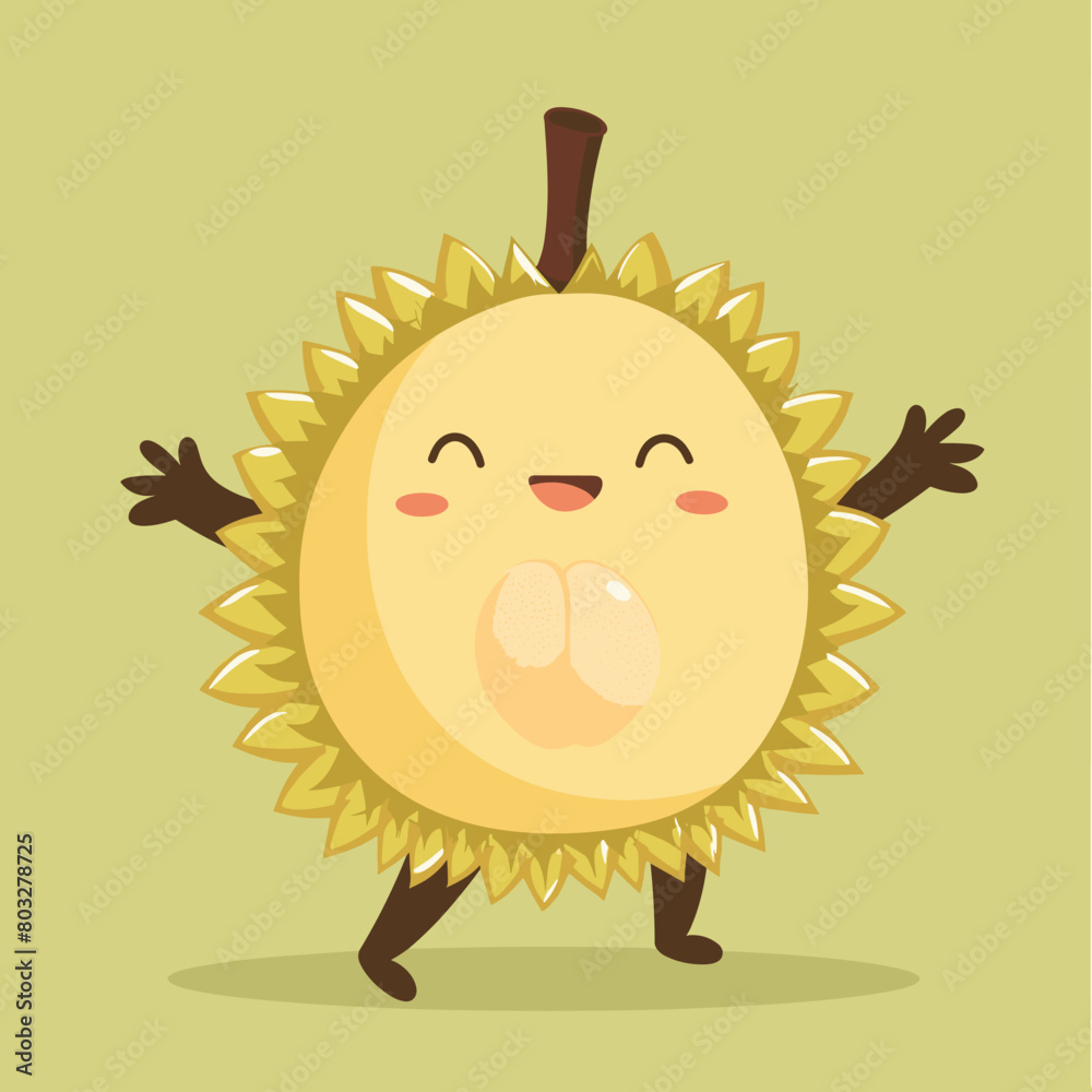 A cartoon fruit Durian with a smiling face and a green leaf on top