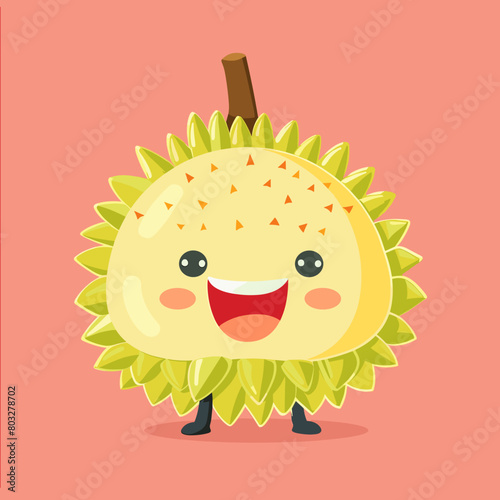 A cartoon fruit Durian with a leaf on top is smiling