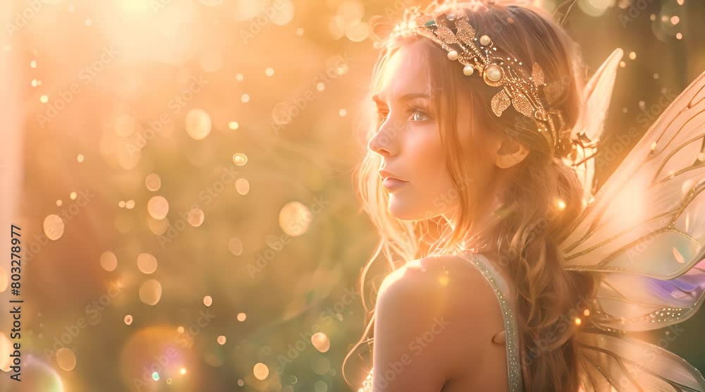 a beautiful fairy girl with wings and a wreath on her head, beautiful soft lighting