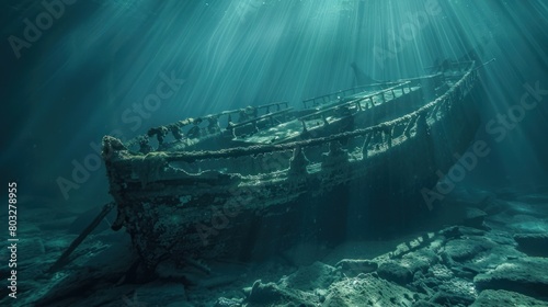 An old ship long ago sunk at the bottom of the blue sea water with shining sunlight. AI generated photo