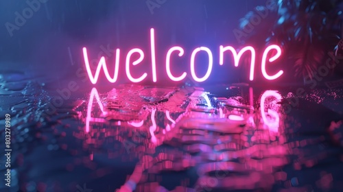Neon Welcome Sign Amidst Night Rainfall