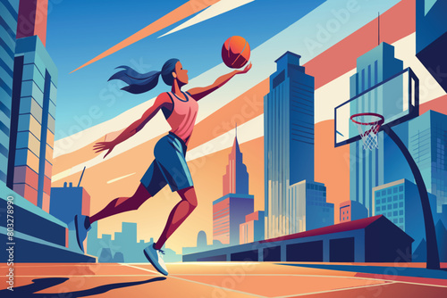 Female player dribbles on an urban basketball court at sunset