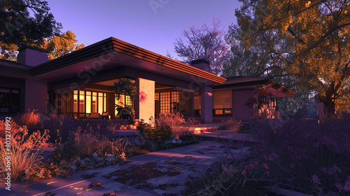Wide shot of a dusky lavender craftsman cottage with a cantilevered roof, in the early hours of twilight, the overhang casting deep shadows and creating a dramatic and modern appearance.
