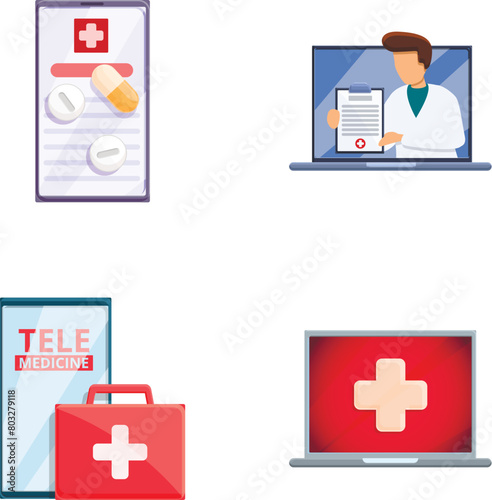 Tele medicine icons set cartoon vector. Virtual doctor treatment. Telemedicine and healthcare concept