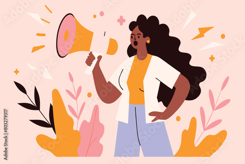 Female orator with megaphone speaks passionately at evening event