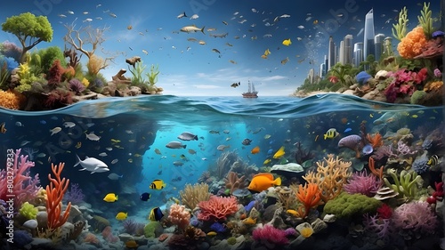 An in-depth scientific depiction of biodiversity and the marine ecosystem photo