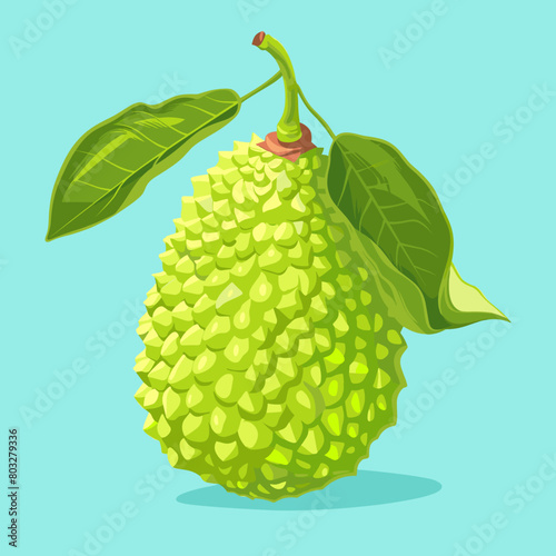 A green Breadfruit with a stem and leaf