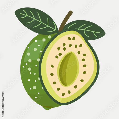 A green Feijoa with a leaf on top and a hole in the middle