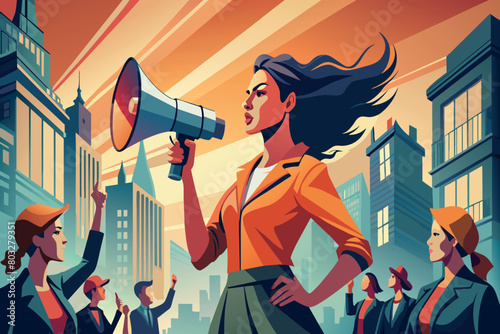 A determined woman leads a protest with a megaphone