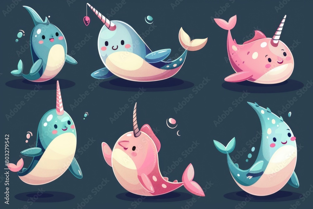 Obraz premium Cute cartoon narwhali in different poses, perfect for children's illustrations or marine-themed designs