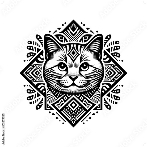 british Shorthair cat silhouette in animal ethnic, polynesia tribal illustration
