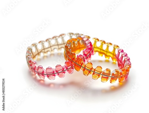 Beautifully Crafted Orthodontic Bands with Vibrant Crystalline Spirals on a Pristine White Background