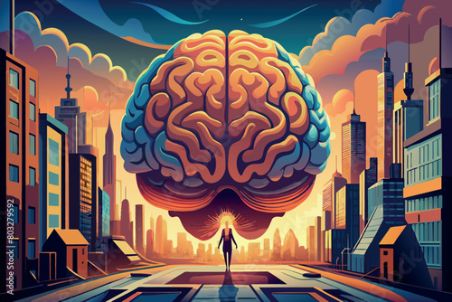 A giant brain hovers over a city as a person stands below at dusk