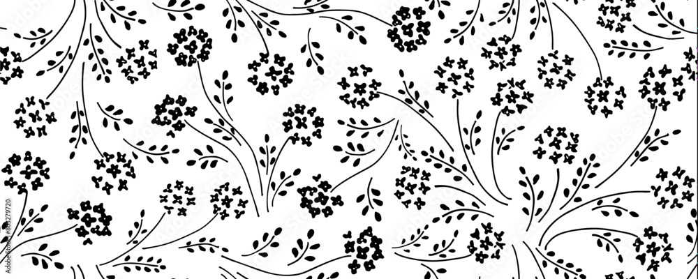 Seamless floral hand-drawn pattern with beautiful hydrangeas. Vintage background with blooming hydrangea.  Black paint illustration with abstract floral motif. 