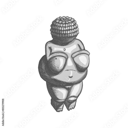 Colorless hand-sketched Venus of Willendorf. Plump prehistoric statuette on white backdrop, epitomizing foremother, fertility and plenty from the Upper Paleolithic era. Sketch vector illustration. photo