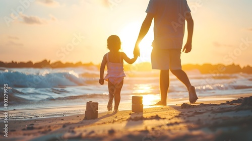 Father and Daughter Strolling Towards Sunset on the Beach