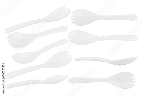 set plastic spoon fork isolated from background	 photo
