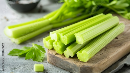 Fresh Organic Celery Stalks Arranged on Wooden Cutting Board