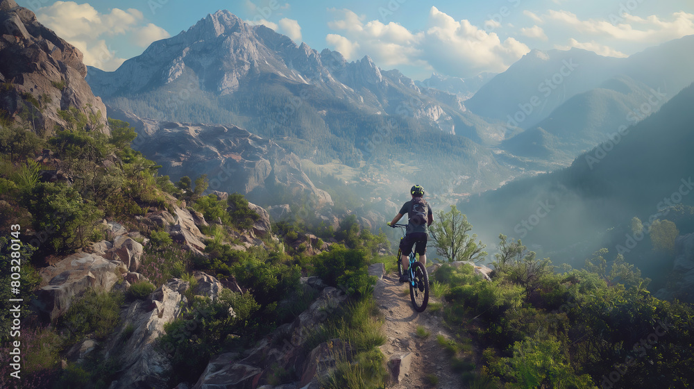 An adventurous mountain biker tackling a rough trail with stunning mountain scenery in the background