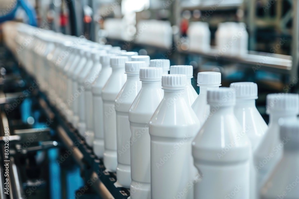 White plastic bottles on a conveyor belt, suitable for manufacturing industry