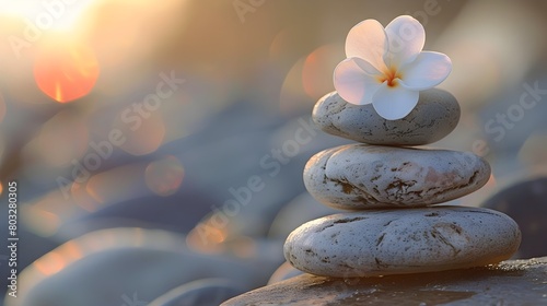 Peaceful Zen Stone Arrangement with Fragrant Floral Accents Promoting Mindful Experiences and Reduced Stress